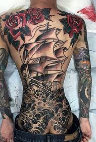 Full back sailing rose tattoo pattern