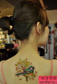 a woman's back flower and bird tattoo pattern