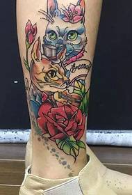 two small cats and roses combined leg tattoo pictures