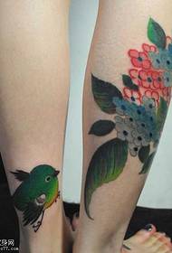 Bela kaj bela floro birdo tatuaje ŝablono sur la kruroj