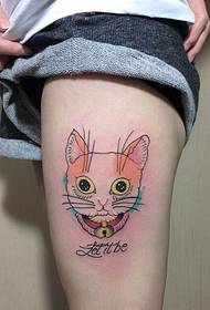 cute painted cat tattoo on the female thigh