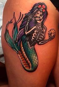 性感美女的腿部骷髅美人鱼纹身