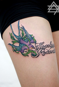 girl thigh color small swallow with letter tattoo pattern