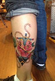 leg color anchor rose tattoo pattern