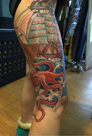 Thigh Sailing Octopus Tattoo Pattern