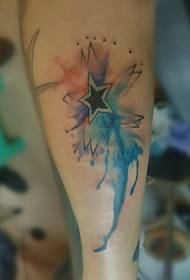 leg watercolor five-pointed star tattoo tattoo