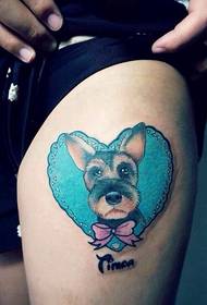 腿部彩色爱心卡通狗狗纹身图案