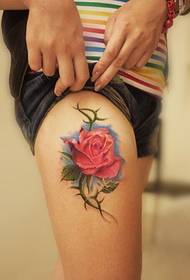 thigh pink rose tattoo pattern