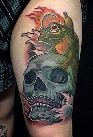 Frog skull tattoo on the thigh