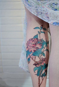 containing 苞 苞 peony flower calf tattoo