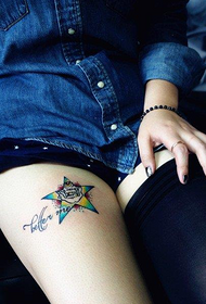 leg fashion beautiful five-pointed star with letter tattoo