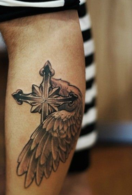leg classic cross wings tattoo