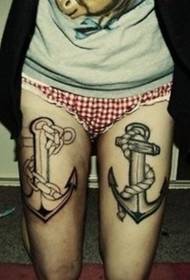 girl legs black and white anchor European and American personality tattoo