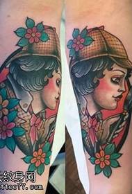 Little girl painted on calf tattoo pattern