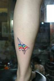 A stylish and colorful colorful paper airplane tattoo picture on the leg