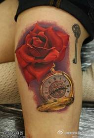 다리 여성 로즈 포켓 시계 문신 패턴