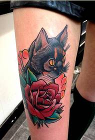 Good looking cat rose tattoo picture on stylish thigh