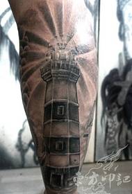 Classic lighthouse tattoo pattern on calf