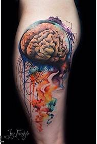 Leg watercolor brain tattoo pattern