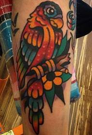 Painted parrot tattoo pattern on calf