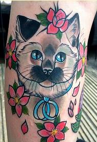 Personality legs, beautiful cat flower tattoo pattern pictures