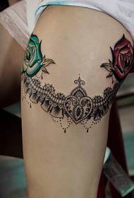 Beautiful and beautiful lace roses tattoo picture of female legs