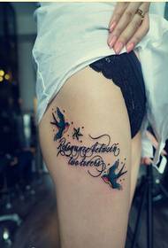 Stylish female legs nice looking colorful swallow alphabet tattoo pictures