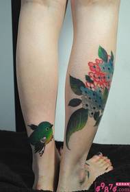 Fashion pretty calf nice looking fresh flower with bird tattoo picture
