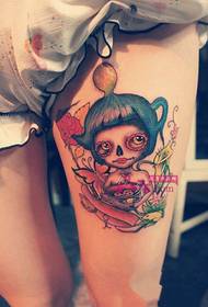 Creative teacup girl thigh tattoo picture