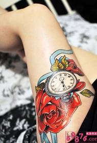 Fashion girls legs personality rose clock tattoo pictures