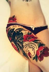 a woman's leg colored rose tattoo pattern picture