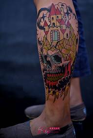 Creative skull castle flower calf tattoo picture