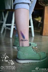 Leg color feather letter tattoo picture