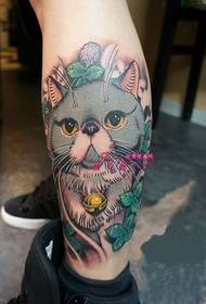 Cute cat flower calf tattoo picture