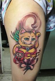 Benfärg lycklig katt tatuering mönster