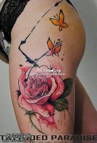 Leg color rose butterfly tattoo picture