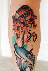 腿部个性美人鱼纹身图案图片