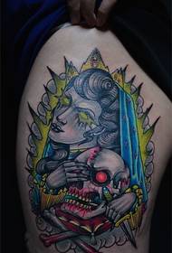 Goddess and skull creative thigh tattoo pictures