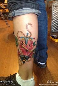 Leg color anchor rose tattoo pattern
