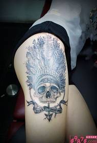Indian skull personality thigh tattoo picture