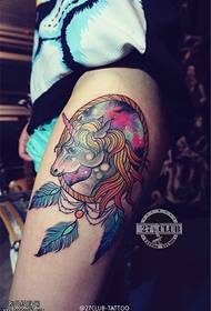 Leg color starry sky unicorn feather tattoo pattern