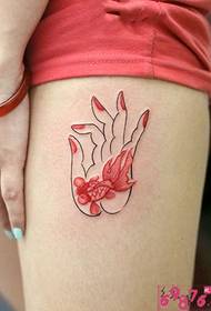 Buddha hand heart red small squid thigh tattoo picture