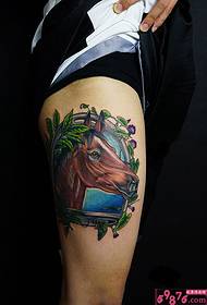 Color horse head thigh tattoo picture