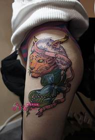 Little tiger thigh tattoo picture of croissant hat