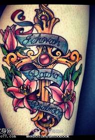 Leg color cross letter flower tattoo pattern