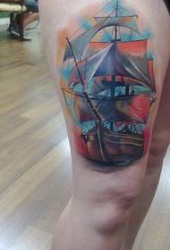 One leg school style colorful sailboat tattoo pattern