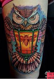 Leg personality, colorful owl tattoo pattern