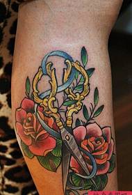 Leg School Scissors Rose Tattoos