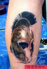 A realistic samurai helmet tattoo on the calf