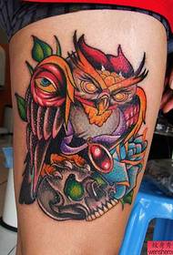 Woman legs, skull owl, tattoo work
